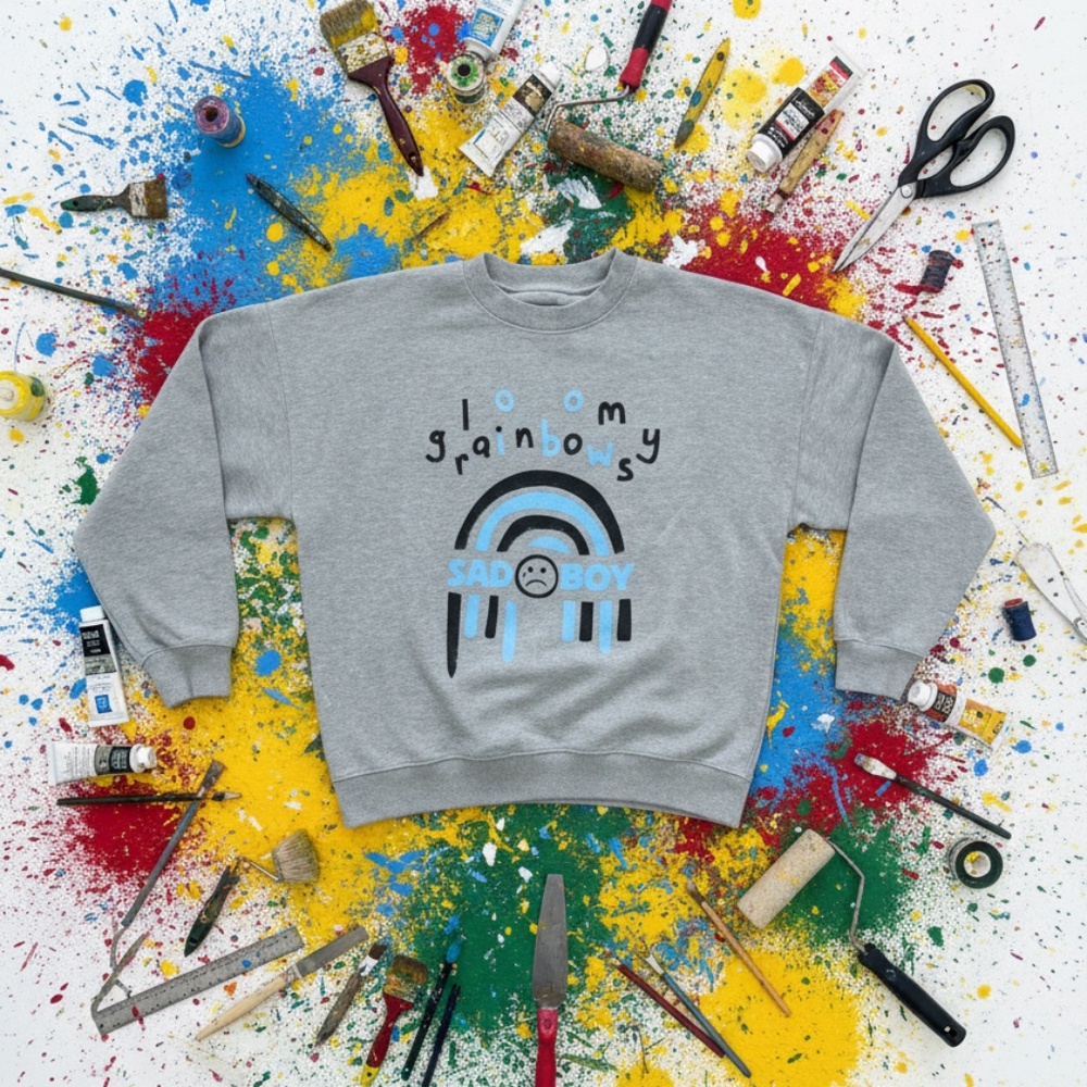 Gloomy Rainbows “Sad Boy” Graphic Crewneck – Gray